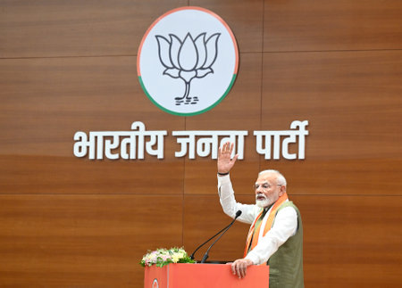 NEW DELHI, INDIA - SEPTEMBER 2: Prime Minister Narendra Modi, address Party Leaders and workers before launched BJP membership campaign 2024 at BJP Headquarter DDU Marg on September 2, 2024 in New Delhi, India. (Photo by Sonu Mehta/Hindustan Times)のeditorial素材