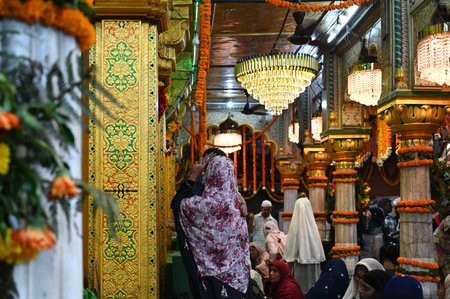 NEW DELHI, INDIA - SEPTEMBER 3: People at Hazrat Khawaja Syed Nizamuddin Dargah duirng decorated on...
