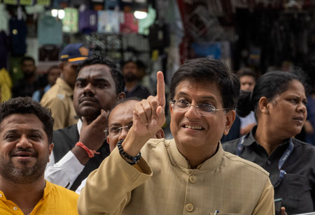 MUMBAI, INDIA - SEPTEMBER 4: Union Commerce and Industry Minister Piyush Goyal intracts with media at Borivali on September 4, 2024 in Mumbai, India.(Photo by Satish Bate/Hindustan Times)のeditorial素材