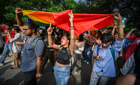NEW DELHI, INDIA - SEPTEMBER 6 2024  LGBTQ community members and supporters from Delhi University take part in a Pride Parade, organized by Students Organisation of India (SFI) at Arts Faculty, North Campus on September 6, 2024 in New Delhi, India. The stのeditorial素材