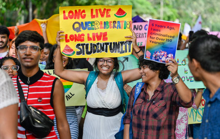 NEW DELHI, INDIA - SEPTEMBER 6 2024  LGBTQ community members and supporters from Delhi University take part in a Pride Parade, organized by Students Organisation of India (SFI) at Arts Faculty, North Campus on September 6, 2024 in New Delhi, India. The stのeditorial素材