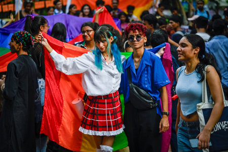 NEW DELHI, INDIA - SEPTEMBER 6 2024  LGBTQ community members and supporters from Delhi University take part in a Pride Parade, organized by Students Organisation of India (SFI) at Arts Faculty, North Campus on September 6, 2024 in New Delhi, India. The stのeditorial素材