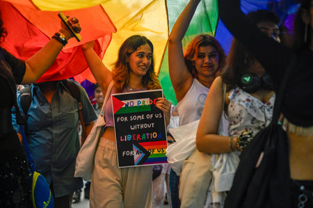 NEW DELHI, INDIA - SEPTEMBER 6 2024  LGBTQ community members and supporters from Delhi University take part in a Pride Parade, organized by Students Organisation of India (SFI) at Arts Faculty, North Campus on September 6, 2024 in New Delhi, India. The stのeditorial素材