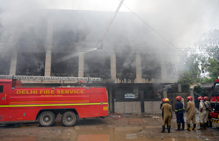 NEW DELHI, INDIA - SEPTEMBER 8: Firefighters try to douse the fire at Textile Factory In Bakkarwala...