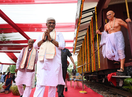NEW DELHI INDIA SEPTEMBER 11 2024 Union Minister for Culture and Tourism Gajendra Singh Shekhawat and Vice Chairman GSDS Vijay Goel visit a look Rail coach after inaugurating the Rail Coach dedicated to Mahatma Gandhi at Gandhi Darshan Rajghat on Septembeのeditorial素材
