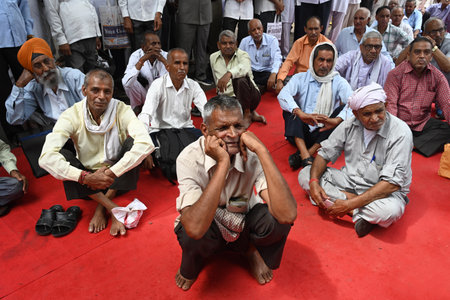 NEW DELHI INDIA SEPTEMBER 11 2024 Retired DTC staff sit on protest Dharna outside Inderprastha...