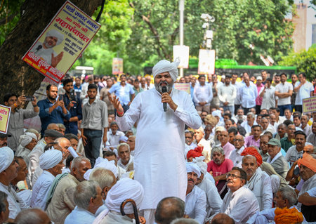 NEW DELHI, INDIA - SEPTEMBER 15: Chaudhary Surender Solanki, Pradhan of Palam 360 Khap during a Mahapanchayat at Jantar Mantar on September 15, 2024 in New Delhi, India. Chaudhary Surendra Solanki, the head of the Sakal Panchayat Palam-360 Khap, has organのeditorial素材