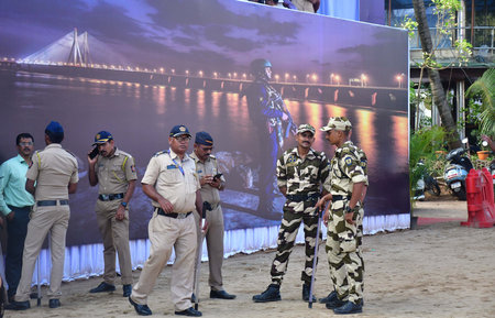 MUMBAI, INDIA - SEPTEMBER 16:  Heavy police security deployed at Girgaon Chowpatty to prepare alerts during lacs people gathered to witness the Ganpati Immersion on September 16, 2024 in Mumbai, India. (Photo by Bhushan Koyande/Hindustan Times)のeditorial素材