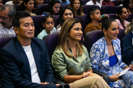 NEW DELHI INDIA SEPTEMBER 11 2024 L R Bhaichung Bhutia Football Heena Sidhu Shooting and Harpreeth Suri during a grand meet up of 7 Sporting Stars hosted by YFLO Delhi in collaboration with M3M Foundation at the IILM Auditorium on September 11 2024 in Newのeditorial素材