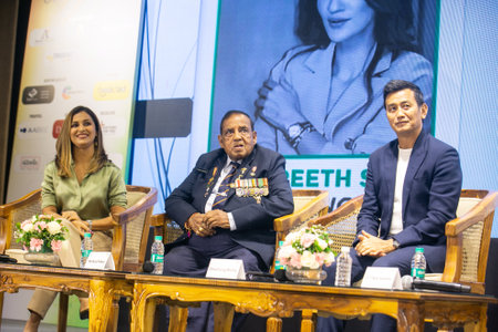 NEW DELHI, INDIA - SEPTEMBER 11: Heena Sidhu (Shooting), Murlikant Rajaram Petkar (Swimming), and Bhaichung Bhutia (Football) during a grand meet-up of 7 Sporting Stars hosted by YFLO Delhi, in collaboration with M3M Foundation at the IILM Auditorium, on のeditorial素材