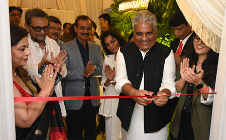 NEW DELHI INDIA SEPTEMBER 6 2024 Minister for Environment Forest and Climate Change Bhupender Yadav Justice SA Bobde Former Chief justice of India inauguration the Aarzoo Khurana photography exhibition ATR All Tiger Reserves Through the Lens at Bikaner Hoのeditorial素材