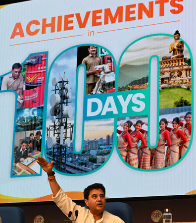 NEW DELHI INDIA SEPTEMBER 23 2024 Union Minister of Communications and Development of North Eastern Region Jyotiraditya Scindia address the media on achievements of the Ministry of Development of North Eastern Region in 100 days of Government at National のeditorial素材