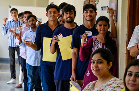 NEW DELHI, INDIA - SEPTEMBER 27: Students cast their votes during the Delhi University Students Union (DUSU) polls 2024, at Hindu college on September 27, 2024 in New Delhi, India. (Photo by Raj K Raj/Hindustan Times)のeditorial素材