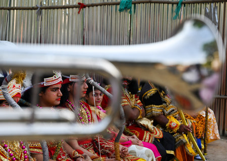 NOIDA, INDIA - SEPTEMBER 28: Artists of Ramlila during Shobha Yatra by Bajrang Ramlila at Sector 12, on September 28, 2024 in Noida, India. (Photo by Sunil Ghosh/Hindustan Times )のeditorial素材