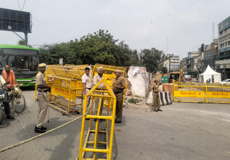 NEW DELHI, INDIA - SEPTEMBER 28: Security tighten at Eidgah after Delhi Police and Rapid Action Force on the Spot where the statue of Rani Laxmi Bai bought at Rani Jhansi Road in Jhandewalan, on September 28, 2024 in New Delhi, India. The Waqf Board and lのeditorial素材