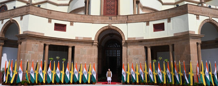 NEW DELHI INDIA OCTOBER 1 2024 Prime Minister Narendra Modi waiting the Jamaica Prime minister Andrew Holness before their meeting at Hyderabad house on October 1 2024 in New Delhi India Photo by Sonu Mehta Hindustan Timesのeditorial素材