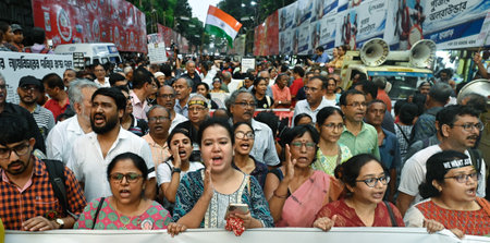 KOLKATA INDIA OCTOBER 1 2024 Junior doctors activists and others take out a protest rally demanding justice for the murdered RG Kar doctor and security in hospitals on October 1 2024 in Kolkata India Photo by Samir Jana Hindustan Timesのeditorial素材