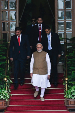 NEW DELHI INDIA OCTOBER 1 2024 Prime Minister Narendra Modi waits for his Jamaican counterpart...
