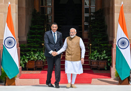 NEW DELHI INDIA OCTOBER 1 2024 Prime Minister Narendra Modi meets Andrew Holness Prime Minister of Jamaica at Hyderabad House on October 1 2024 in New Delhi India Photo by Raj K Raj Hindustan Timesのeditorial素材