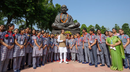NEW DELHI, INDIA - OCTOBER 2: Lok Sabha Speaker Om Birla participates in a cleanliness drive on the occasion of Gandhi Jayanti, at Prerna Sthal in Parliament House complex, on October 2, 2024 in New Delhi, India. Every year, October 2 is celebrated as Swaのeditorial素材
