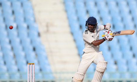 LUCKNOW INDIA OCTOBER 3 2024 Abhimanyu Easwaran of Rest of India plays a shot against the Mumbai during the Irani Cup 2024 25 match at Atal Vihari Vajpayee Ekana International Cricket Stadium on October 3 2024 in Lucknow India Photo by Deepak Gupta Hindusのeditorial素材