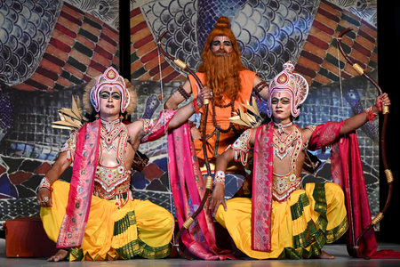 NEW DELHI INDIA OCTOBER 3 2024 Artists performing Ramleela at Shee Ram Kala Kendra Mandi House the...