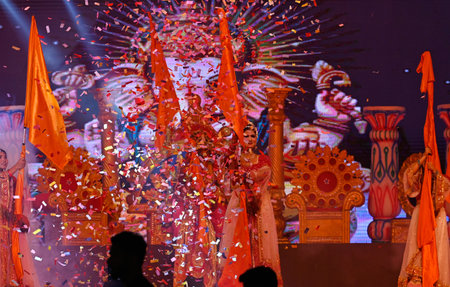 NEW DELHI INDIA OCTOBER 3 2024 Artist performing live Ganesh Vandhana at Shree Dharmik Ramlila...