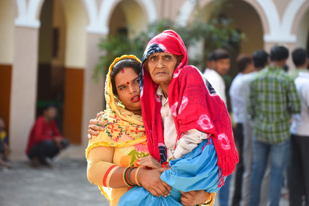 GURUGRAM, INDIA - OCTOBER 5: Pooja carrying to lap her 92-year-old mother-in-law to cast their vote...