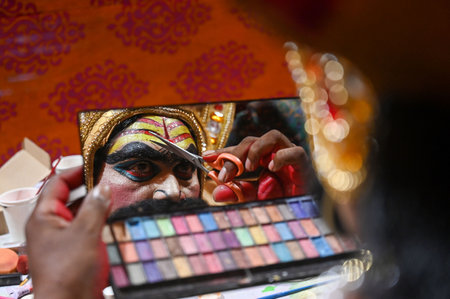 NOIDA, INDIA - OCTOBER 5: Ravana, King of Rakshasa doing makeup and waiting for their performance in the backstage, Ramlila Maidan, Sector 21A on October 5, 2024 in Noida, India. (Photo by Sunil Ghosh/Hindustan Times)のeditorial素材