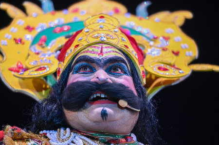 NOIDA, INDIA - OCTOBER 5: Artists performing Ram Sita Milan, Sita Swayam Var, Ravan entry and Parshuram samvad during a Ramlila at Ramlila ground sector 21A on October 5, 2024 in Noida, India. Artistes bring to life an epic tale of love and sacrifice throのeditorial素材