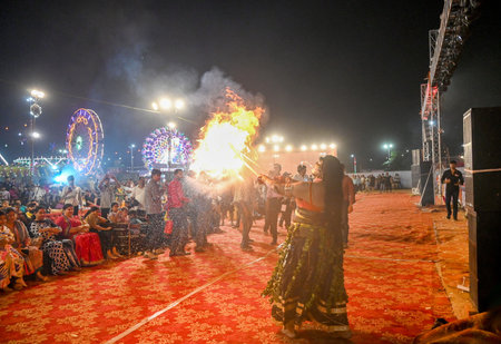 NOIDA, INDIA - OCTOBER 4: Artists performing Shri Ram Janam, Tadka Vadh and Subhau Maricha war and death of Subhau Maricha during Ramlila at Ramlila ground sector 21A on October 4, 2024 in Noida, India. Artistes bring to life an epic tale of love and sacrのeditorial素材