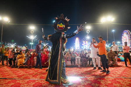 NOIDA, INDIA - OCTOBER 5: Artists performing Ram Sita Milan, Sita Swayam Var, Ravan entry and Parshuram samvad during a Ramlila at Ramlila ground sector 21A on October 5, 2024 in Noida, India. Artistes bring to life an epic tale of love and sacrifice throのeditorial素材