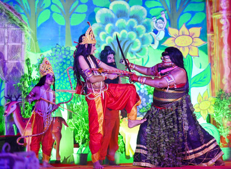 NOIDA, INDIA - OCTOBER 4: Artists performing Shri Ram Janam, Tadka Vadh and Subhau Maricha war and...