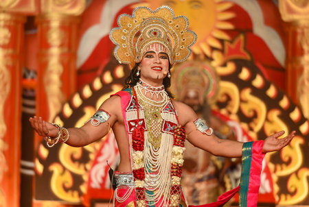 NOIDA, INDIA - OCTOBER 6: Artists performing Ram Sita Milan, Sita Swayam Var, Ravan entry and...