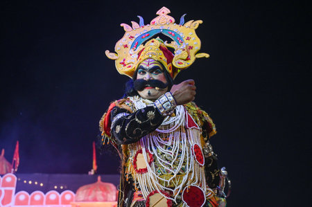 NOIDA, INDIA - OCTOBER 5: Artists performing Ram Sita Milan, Sita Swayam Var, Ravan entry and...