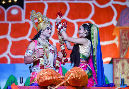 NOIDA, INDIA - OCTOBER 6: Artists performing Ram Sita Milan, Sita Swayam Var, Ravan entry and...