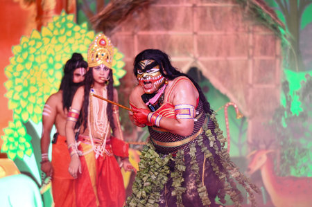 NOIDA, INDIA - OCTOBER 4: Artists performing Shri Ram Janam, Tadka Vadh and Subhau Maricha war and...