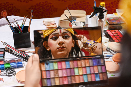 NOIDA, INDIA - OCTOBER 4: Ramlila artists doing makeup and waiting for their performance in the Green Room, Ramlila Maidan, Sector 21A on October 4, 2024 in Noida, India. (Photo by Sunil Ghosh/Hindustan Times)のeditorial素材