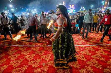 NOIDA, INDIA - OCTOBER 4: Artists performing Shri Ram Janam, Tadka Vadh and Subhau Maricha war and death of Subhau Maricha during Ramlila at Ramlila ground sector 21A on October 4, 2024 in Noida, India. Artistes bring to life an epic tale of love and sacrのeditorial素材