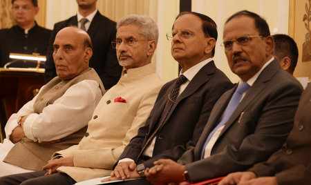 NEW DELHI, INDIA - OCTOBER 7: Defence Minister Rajnath Singh, External Affairs Minister S. Jaishankar and Principal Secretary to PM P.K. Mishra and NSA Ajit Doval during the joint press statement of Prime Minister Narendra Modi and President of Maldives Mのeditorial素材