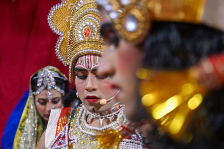 NOIDA, INDIA - OCTOBER 5: Artists performing Ram Sita Milan, Sita Swayam Var, Ravan entry and Parshuram samvad during a Ramlila at Ramlila ground sector 21A on October 5, 2024 in Noida, India. Artistes bring to life an epic tale of love and sacrifice throのeditorial素材