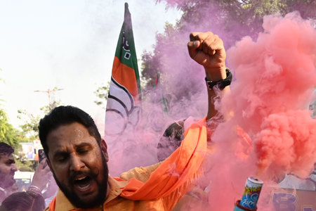 NEW DELHI, INDIA - OCTOBER 8: BJP supporters celebrating after winning the Haryana Assembly election, outside BJP HQ on October 8, 2024 in New Delhi, India. The ruling BJP secured a historic third term in Haryana, winning 48 seats and halting a Congress cのeditorial素材