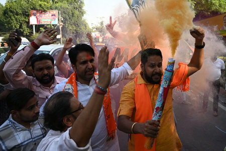 NEW DELHI, INDIA - OCTOBER 8: BJP supporters celebrating after winning the Haryana Assembly...