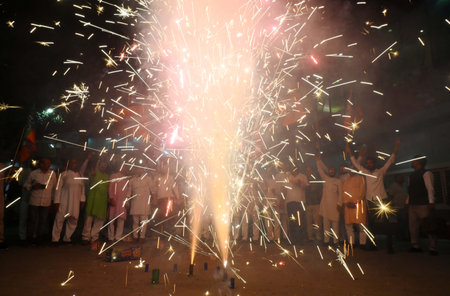 LUCKNOW, INDIA - OCTOBER 8: BJP workers celebrate the victory of party in Haryana assembly election result at BJP headquarters on October 8, 2024 in Lucknow, India. The ruling BJP secured a historic third term in Haryana, winning 48 seats and halting a Coのeditorial素材