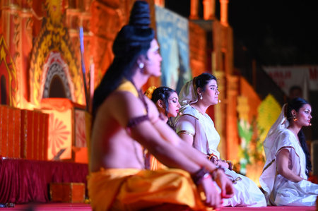 NOIDA, INDIA - OCTOBER 7: Artists performing Sita Ram banwas, Dashrath Maran, kaikeyi Bharat samvad,...