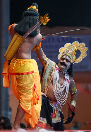 NOIDA, INDIA - OCTOBER 9: Artists performing Sita Haran, Surpanakha, Jatayu's death during a Ramlila...