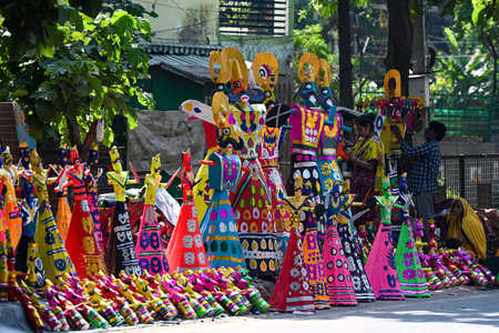 NEW DELHI, INDIA - OCTOBER 9: Ravan effigies showcased for sale ahead of Dussehra festival, at...