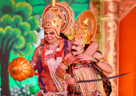NOIDA, INDIA - OCTOBER 10: Artists performing Lanka Dahan scene during a Ramlila last night at...