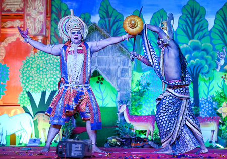 NOIDA, INDIA - OCTOBER 10: Artists performing Lanka Dahan scene during a Ramlila last night at...