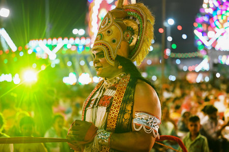 NOIDA, INDIA - OCTOBER 10: Artists performing Lanka Dahan scene during a Ramlila last night at...